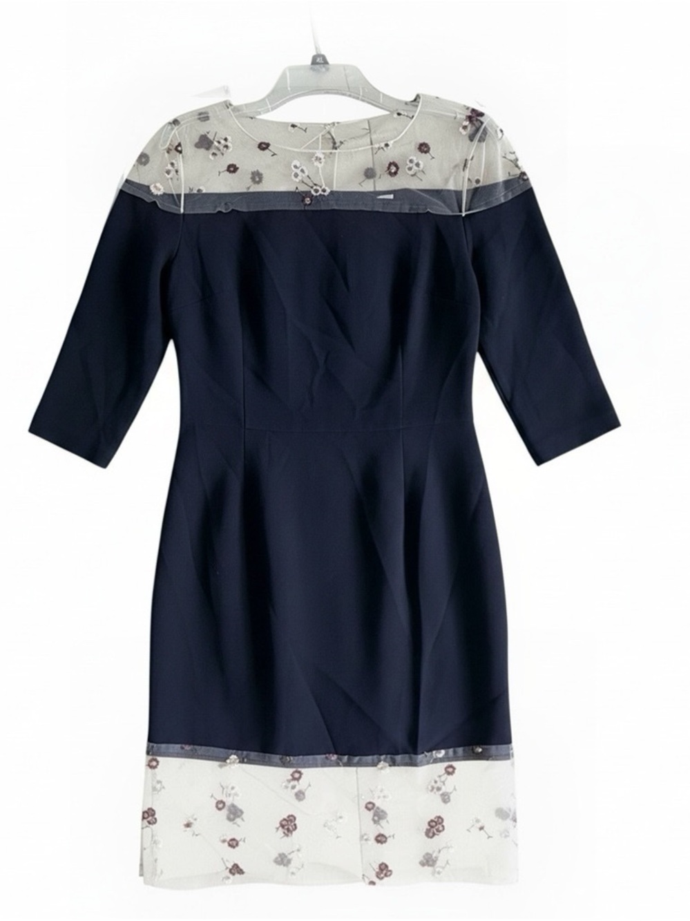 Minan Wong Black Stretch Knit Midi Dress with Floral Sheer Yoke and Hem